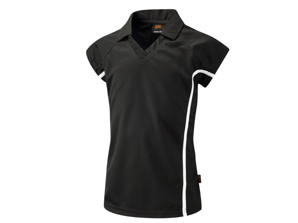 Material – ProActive 100% Airmesh Polyester . Girls cut for the fitted look . Seam Covered Neck V-neck and fabric collar.  Fabric weight 190g