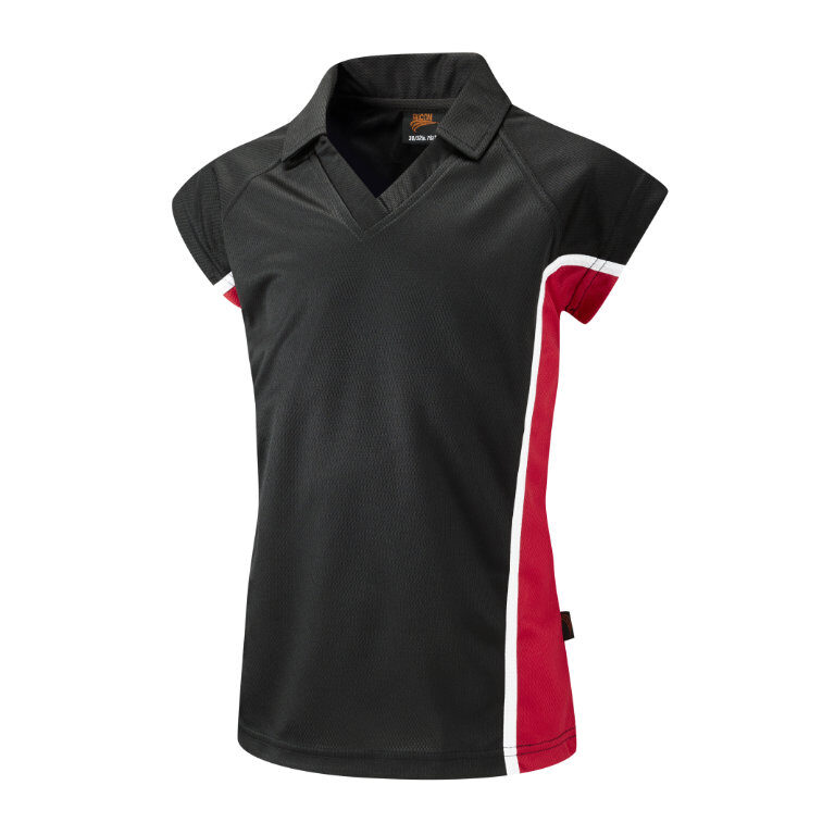 Material – ProActive 100% Airmesh Polyester . Girls cut for the fitted look . Seam Covered Neck V-neck and fabric collar.  Fabric weight 190g